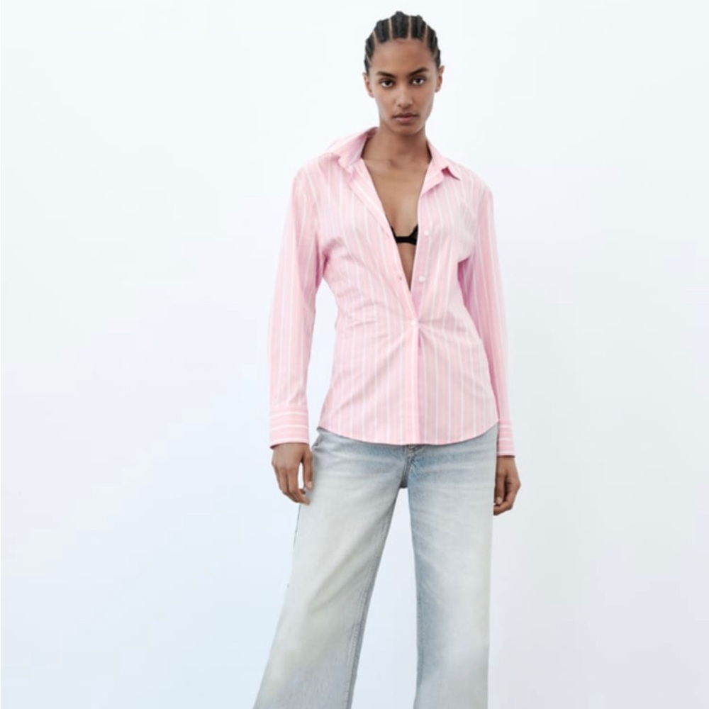 Zara XL NWT slight stretch, fitted pink and white striped button down shirt